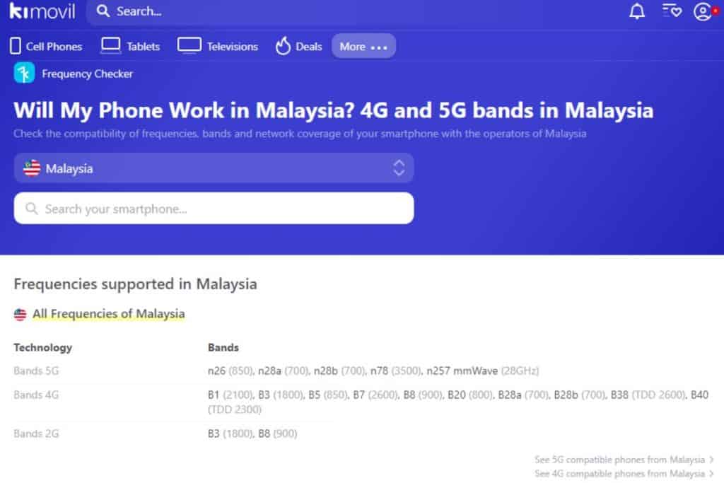 check if your phone's network bands are compatible with Malaysia frequencies